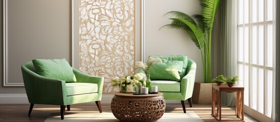 Green armchair, openwork table and sofa in the living room.