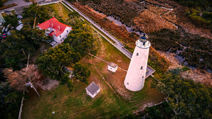 Aerial view of Ocracoke Lighthouse on Ocracoke Island , North Carolina at sunset.