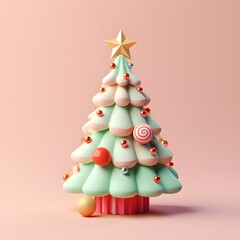 Christmas tree in 3d clay style icon on pastel color background.