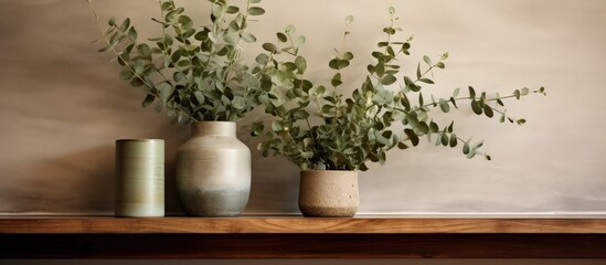 Eucalyptus pot on wooden shelf, rustic interior, flowers, natural decor.