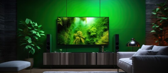 Close-up of large green-screen television in a comfortable living space.