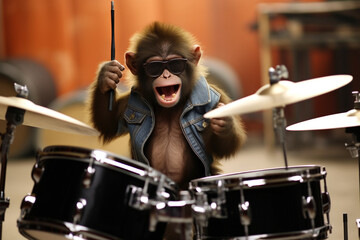 cool monkey playing drums - obrazy, fototapety, plakaty