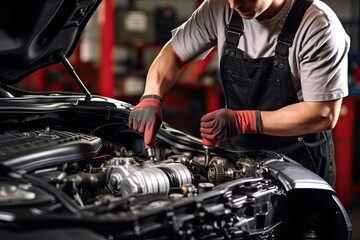 Professional mechanic working in auto repair shop. Car service and maintenance concep