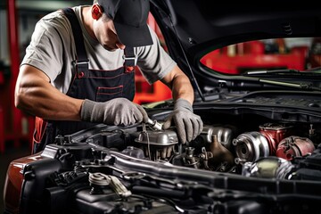Professional mechanic working in auto repair shop. Car service and maintenance concep