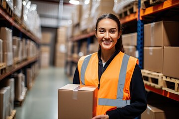 Smiling warehouse worker holding boxes in warehouse. This is a freight transportation and distribution warehouse. Industrial and industrial workers concept