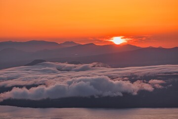 
Hokkaido, Japan - September 8, 2023: The morning sun and sea of clouds over Lake Kussharo, Hokkaido, Japan

