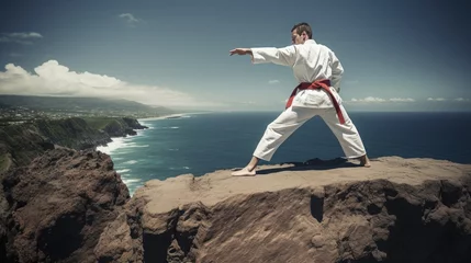 Keuken spatwand met foto Isolated white karate fighter in white uniform standing in the middle of a cliff © somchai20162516