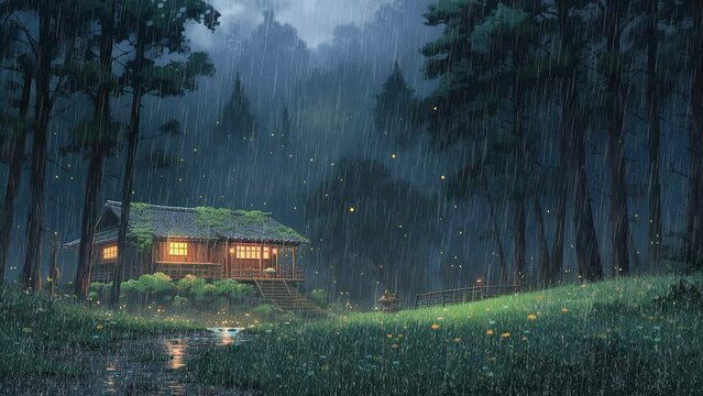 Forest glade, twilight, wooden treehouse, rain, anime background, animation