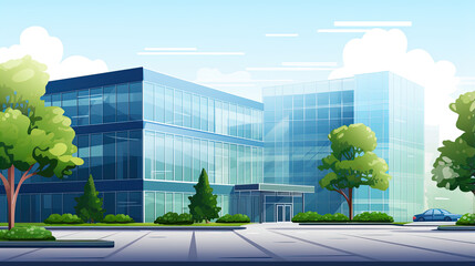 Modern office building with trees and parking. Business center with glass windows or mall on the background of the city. - obrazy, fototapety, plakaty