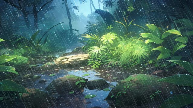 the shadowed rainforest, as droplets cascade, rain, anime background, loop animation