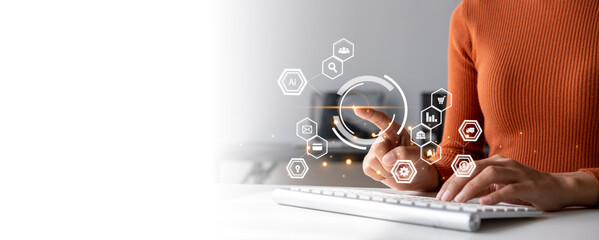 Woman using a computer for analysis SEO Search Engine Optimization Marketing Ranking Traffic...