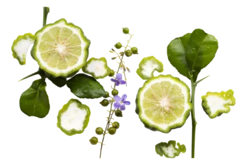 Fotobehang herbal vegetable kaffir lime, lemon slice local of asia arrangement flat lay style © phenphayom