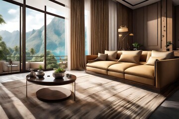 closeup and natural view,  one bad room of the hotal, luxery sofa without table, curtain of silk,landscap view out side othe window, all thing attrective
