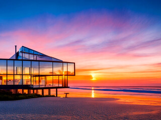 
Beautiful glass home on an ocean beach at sunset. Luxury house

