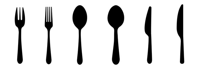 Set of fork, knife, and spoon. Logotype menu. Set in flat style. Silhouette of cutlery - obrazy, fototapety, plakaty