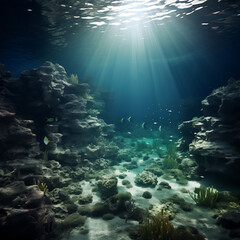 Fototapeta na wymiar Half underwater scene with tropical fishes, create using generative AI tools