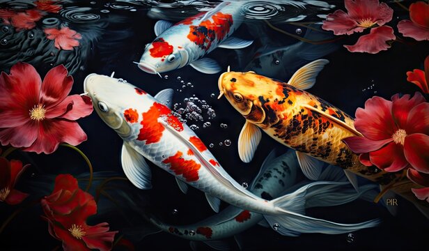 Koi fishes swimming in a koi fish pond created with AI