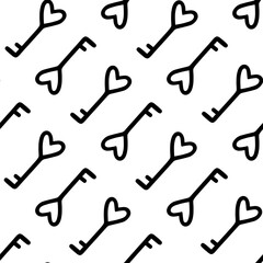 Vintage retro key in the shape of a heart seamless vector pattern. Symbol of love, romance, wedding, mystery. Simple silhouette, master key doodle. Black and white background for packaging, print