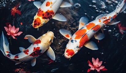 Koi fishes swimming in a koi fish pond created with AI - Powered by Adobe