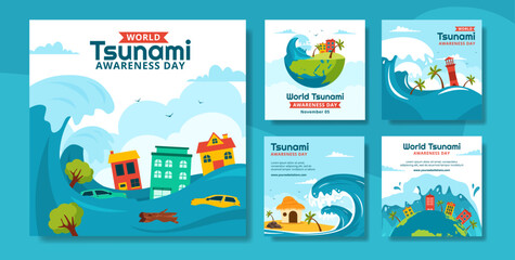 World Tsunami Awareness Day Social Media Post Cartoon Hand Drawn Templates Background Illustration