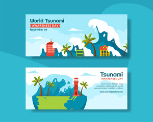 World Tsunami Awareness Day Horizontal Banner Cartoon Hand Drawn Templates Background Illustration