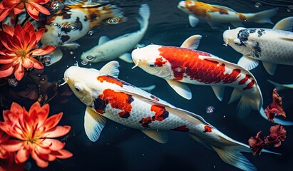 Koi fishes swimming in a koi fish pond created with AI