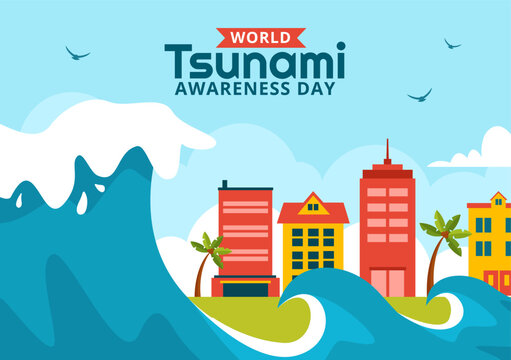 World Tsunami Awareness Day Social Media Background Flat Cartoon Hand Drawn Templates Illustration