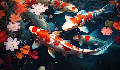 Koi fishes swimming in a koi fish pond created with AI © Timeless_art