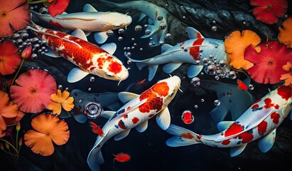 Fototapeta na wymiar Koi fishes swimming in a koi fish pond created with AI