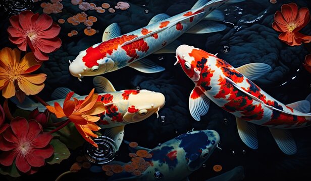 Koi fishes swimming in a koi fish pond created with AI