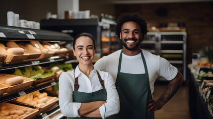 In a large grocery store,  two young supermarket clerks stand in front of the shelves, smiling at the camera.