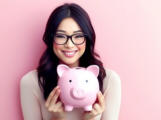 Saving, woman holding piggy bank