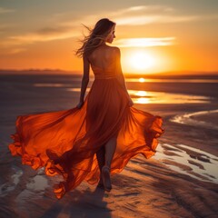 Woman in orange dress in sunset