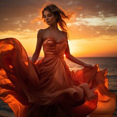 Woman in orange dress in sunset