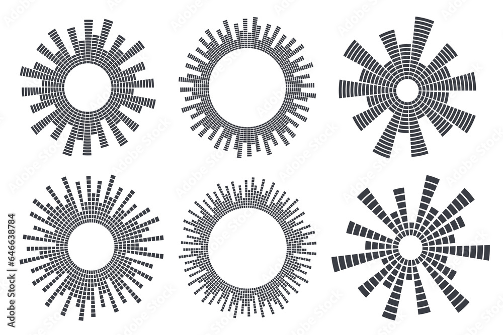 Poster circle sound wave. audio music equalizer. round circular icons set. spectrum radial pattern and freq