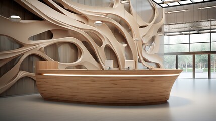 A Reception Desk with Organic Forms Standing in a High-Tech Corporate Lobby