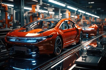 Futuristic electric car production line with robotic manipulators