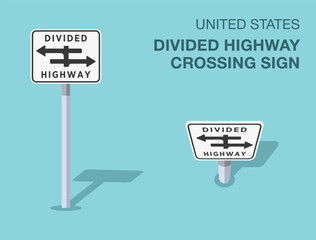 Traffic regulation rules. Isolated United States divided highway crossing sign. Front and top view. Flat vector illustration template.