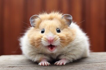 Shaggy hamster with stuffed cheeks smiling looking at the camera
