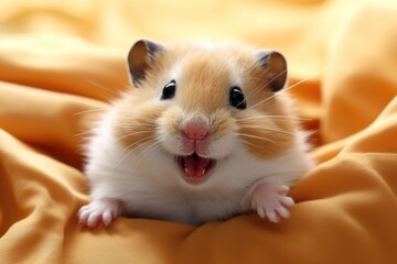 Funny hamster with stuffed cheeks smiling sitting on the bed