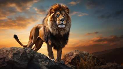 Proud lion in the sunset standing on mountain rock. Generative AI - obrazy, fototapety, plakaty