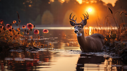 Beautiful deer in the water at sunset, a golden nature scene with a buck in the lake