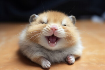 Funny small hamster with stuffed cheeks smiling looking at the camera - obrazy, fototapety, plakaty