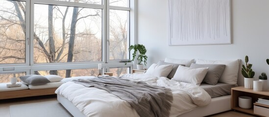 Soft, comfortable bed with pillows and blanket by windows in contemporary light bedroom.