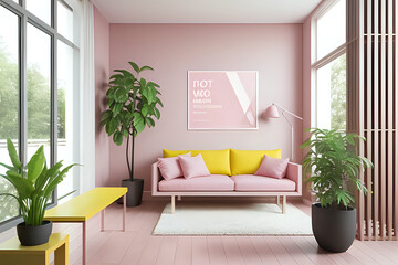 Minimalist pink living room interior with wooden floor, tall window and yellow bench with vertical poster on it. Plant's pot. 3d rendering mock up - obrazy, fototapety, plakaty