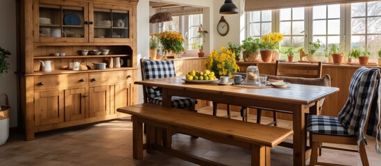 Fototapeta na wymiar Country style kitchen with vintage cupboard, checkered curtains, wooden dining table, and chairs.