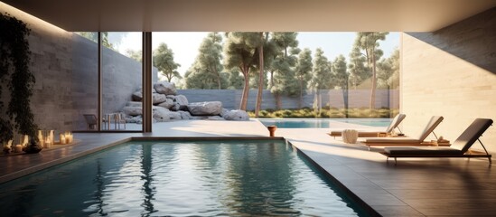 Obraz premium Vacant pool, inside of contemporary villa.
