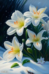 Portrait of white lilies, white lilies in spring, lily flower, white lily with snow