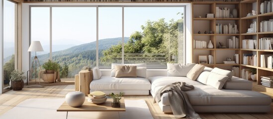 Fototapeta premium a comfortable living room with wood furniture, pillows, books, and a large window showcasing nature outside.
