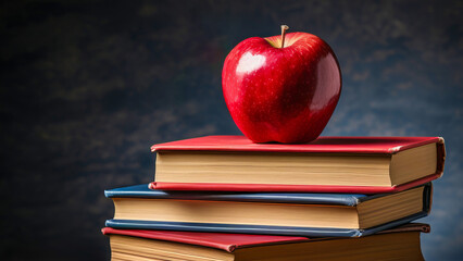 Vibrant still life: red apple, textbooks. Knowledge, learning, healthy eating, literature. Perfect for education-related projects.